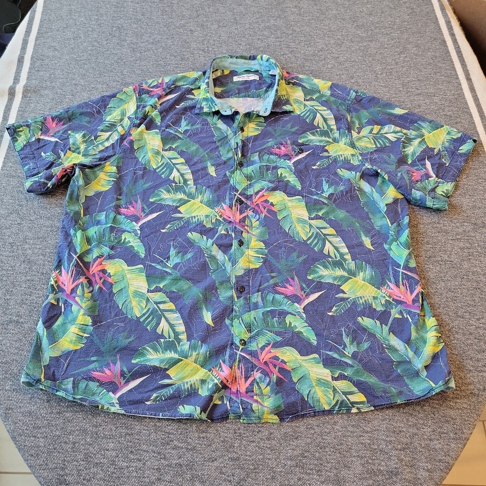 Tommy Bahama Shirt Men's 3XL Nova Wave Blue Seersucker Green Hawaiian Floral